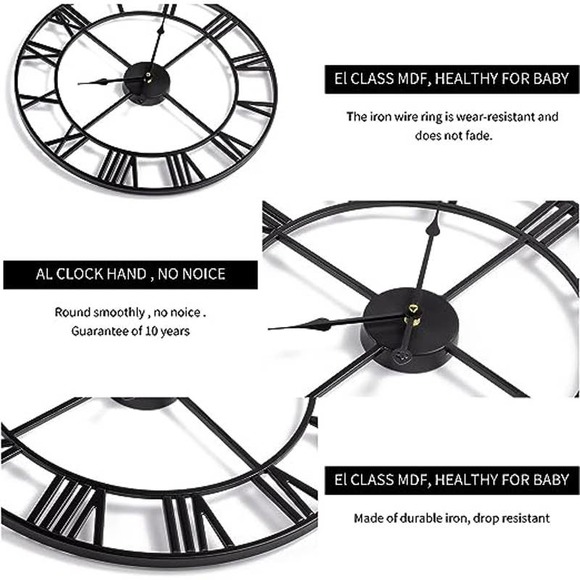 18.5 inch Large Wall Clock, Metal Retro Roman Numeral Clock, Black - Picture 3 of 6